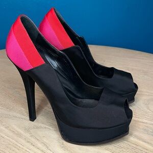 Fendi Colorblock Satin Fendista Peep Toe Platform Tricolor Pink Pumps Size 38.5